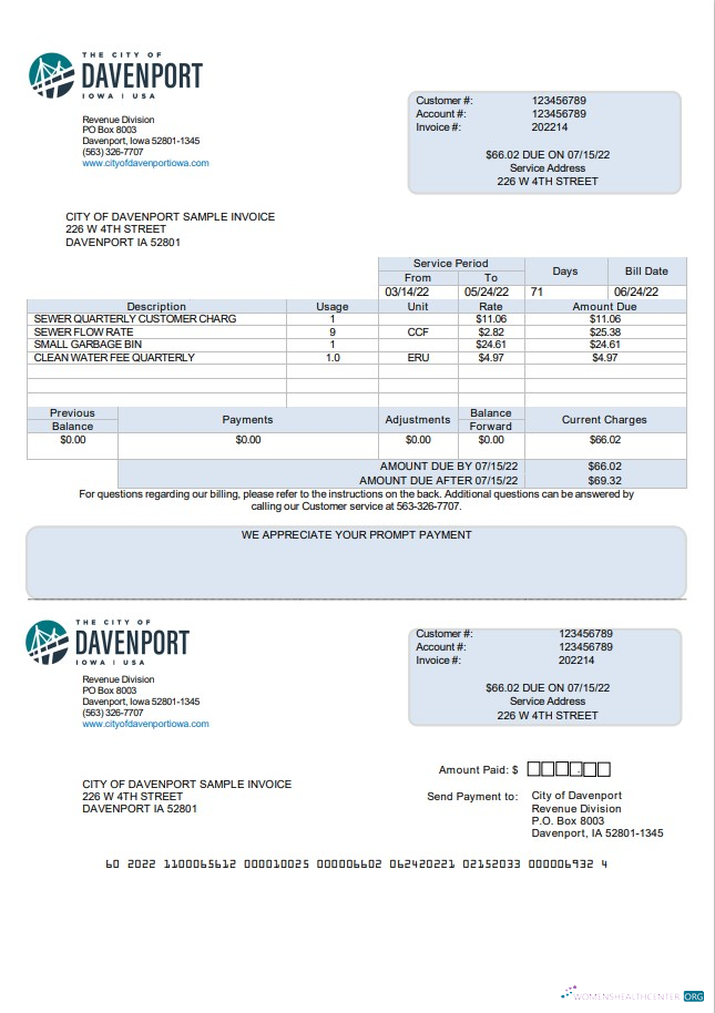 download download USA Iowa City of Davenport utility bill template in Word and PDF format PDF template PDF template
